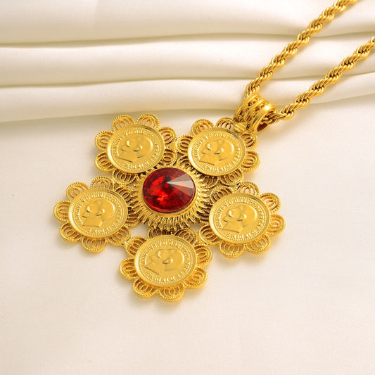 Ethiopian Traditional Coin Pendants Necklaces Women Men Gold Color Jewelry Africa Coin Eritrea Habesha Gift