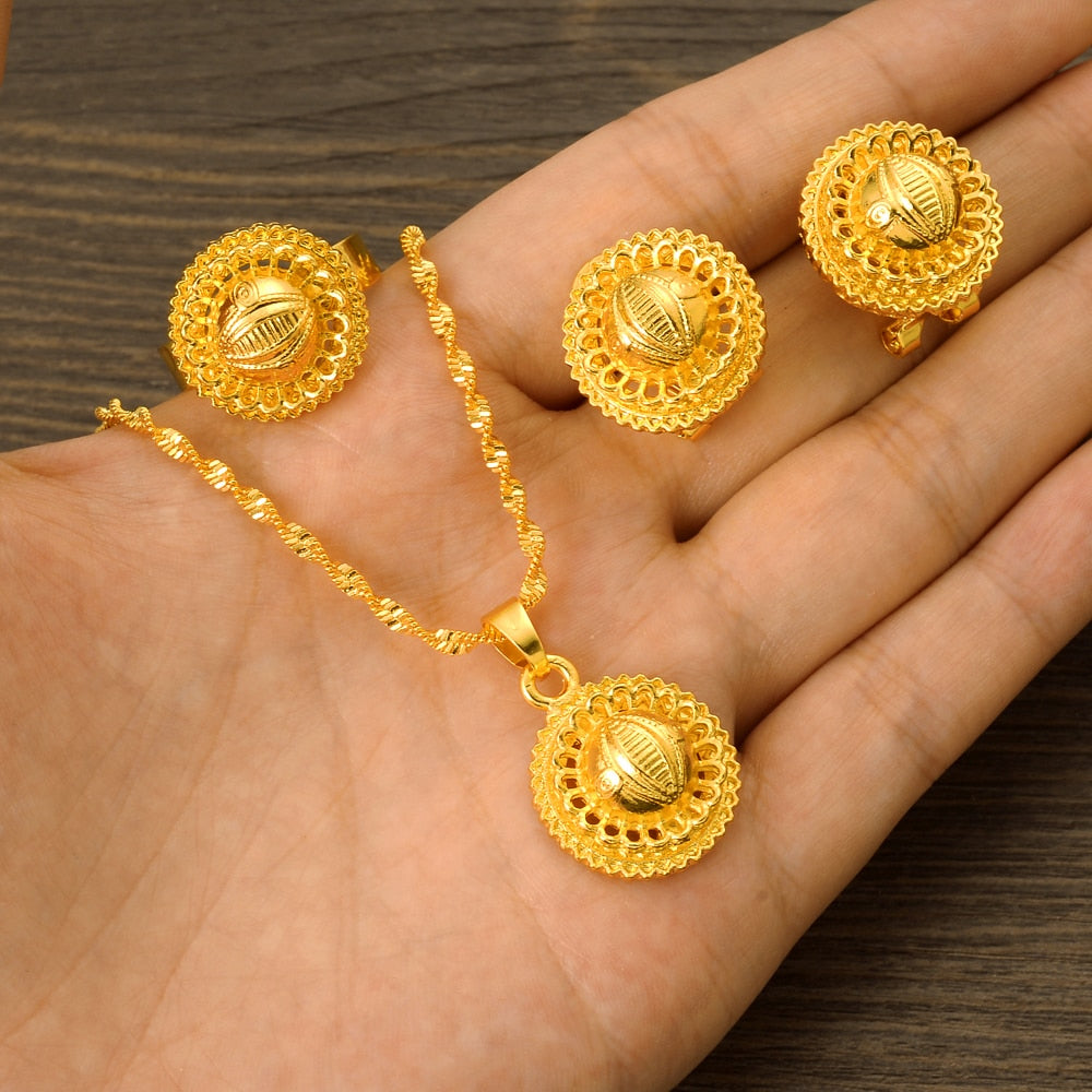 Ethiopian Traditional Gold Plated Cute Jewelry Sets Earrings Ring Gifts Baby/Girls Jewellery Set