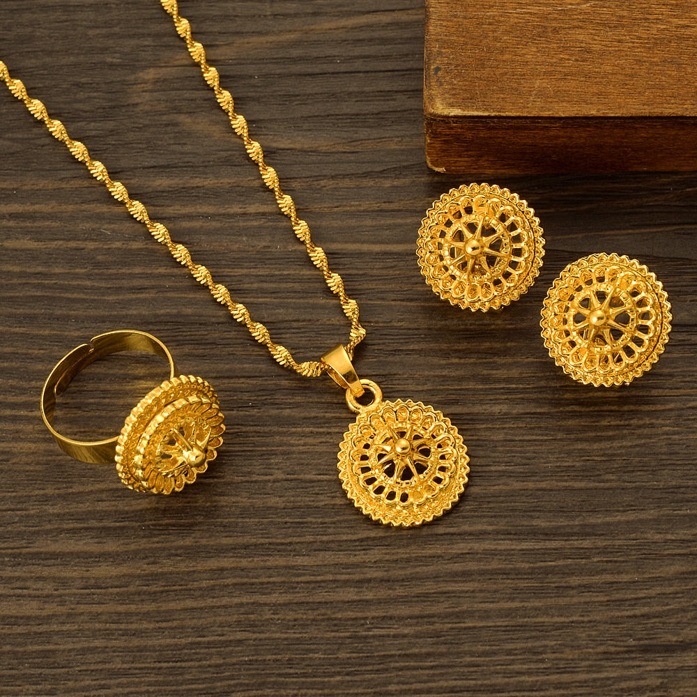 Ethiopian Traditional Gold Plated Cute Jewelry Sets Earrings Ring Gifts Baby/Girls Jewellery Set