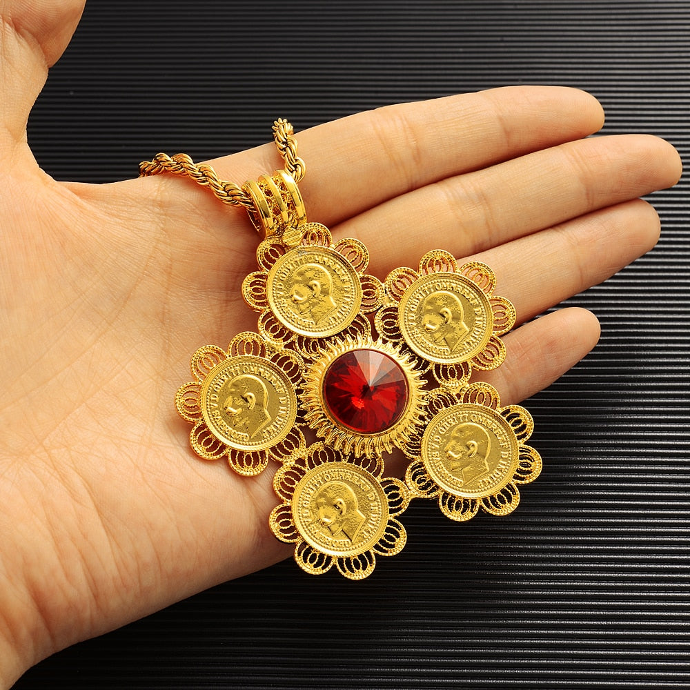 Ethiopian Traditional Coin Pendants Necklaces Women Men Gold Color Jewelry Africa Coin Eritrea Habesha Gift