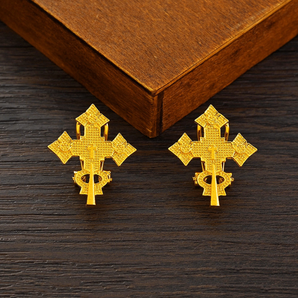 Ethiopian Big Cross Pendant Chain Earrings Ring Women Gold Color Eritrea Traditional African Jewelry